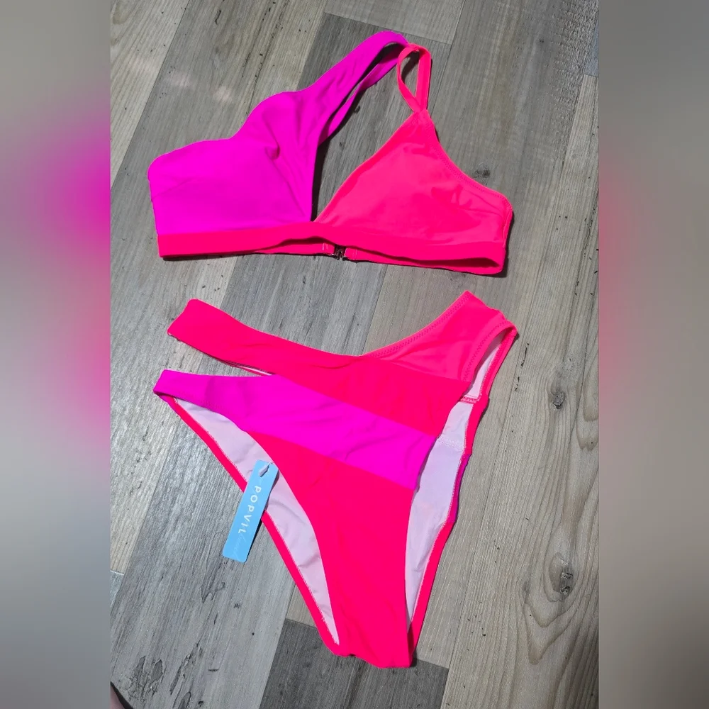 Vibrant Pink and Orange One-Shoulder Bikini